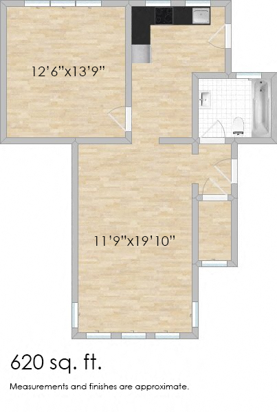 Floor plan for 1 bed, 1 bath, 507 sqft
